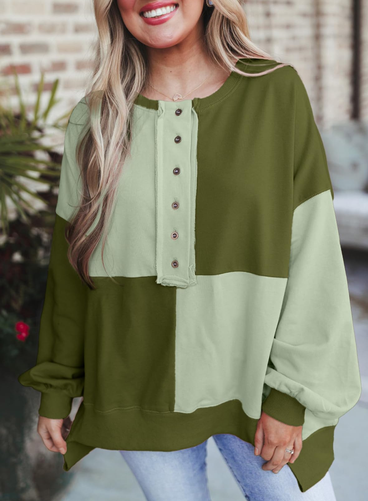 ⏰Hot Sale-Women's Casual Color Block Loose Button Henley Pullover Top