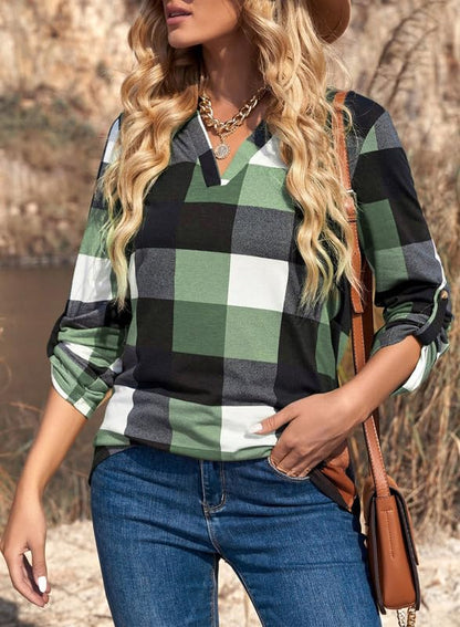 ✨Women's V Neck Plaid Print Cuffed Long Sleeve Shirt