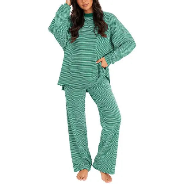 Striped Crew Neck Split Hem Top & Pants Two Piece Set