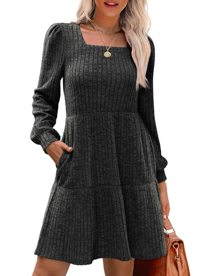✨Women's Square Neck Lantern Sleeve Ribbed Dress