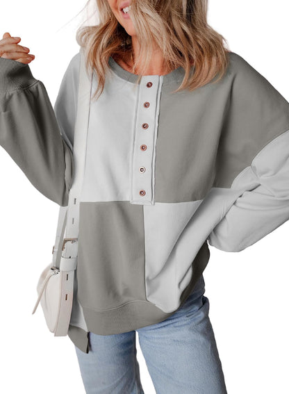 ⏰Hot Sale-Women's Casual Color Block Loose Button Henley Pullover Top
