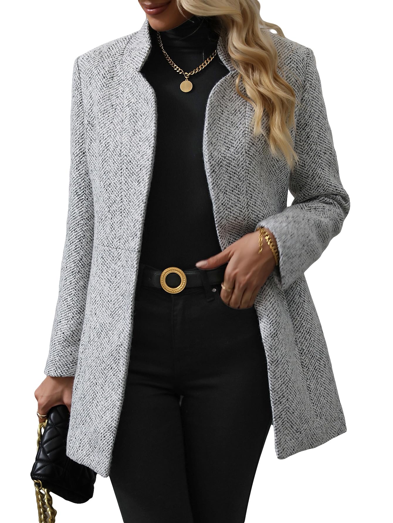 Women's Open Front Slim Fit Overcoat Long Sleeve Stand Collar Outerwear
