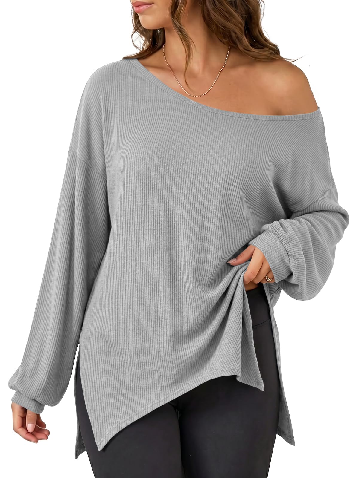 Womens Oversized Off The Shoulder Ribbed Knit Sweatshirts