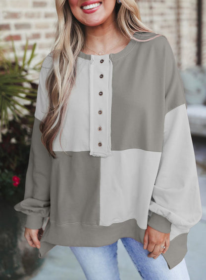 ⏰Hot Sale-Women's Casual Color Block Loose Button Henley Pullover Top