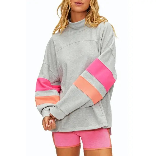 High Mock Neck Color Block Striped Long Sleeve Sweatshirt