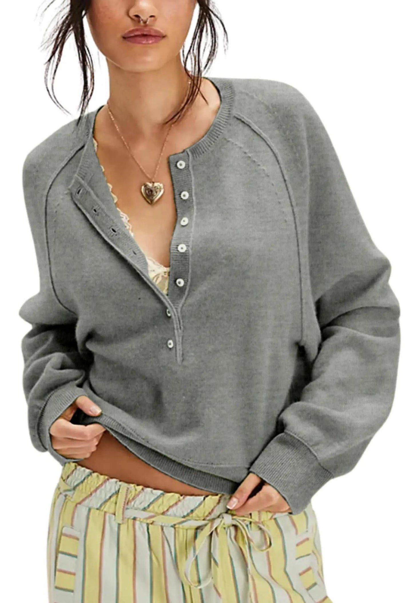 Women Raglan Sleeve Half Button Henley V Neck Soft Knit Long Sleeve Top