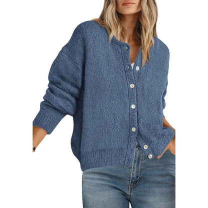 Round Neck Button Long Sleeve Knit Cardigan