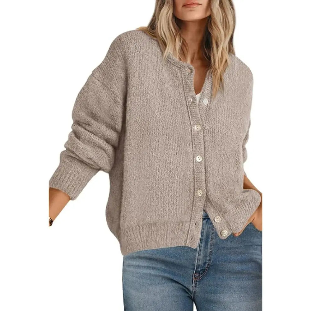 Round Neck Button Long Sleeve Knit Cardigan