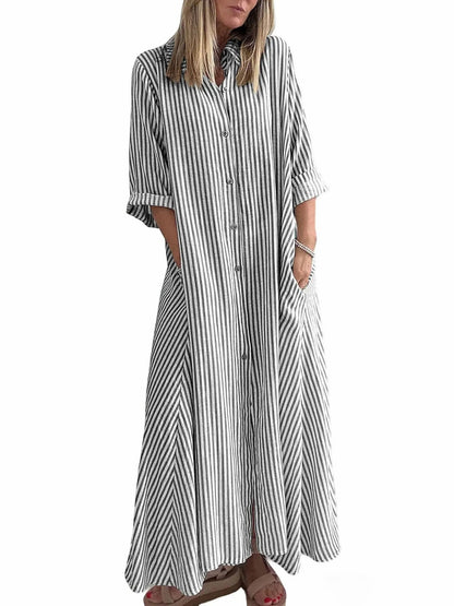 Women  Summer Boho Striped Maxi Shirt Dress 3/4 Sleeve Casual Button Down Long Dress