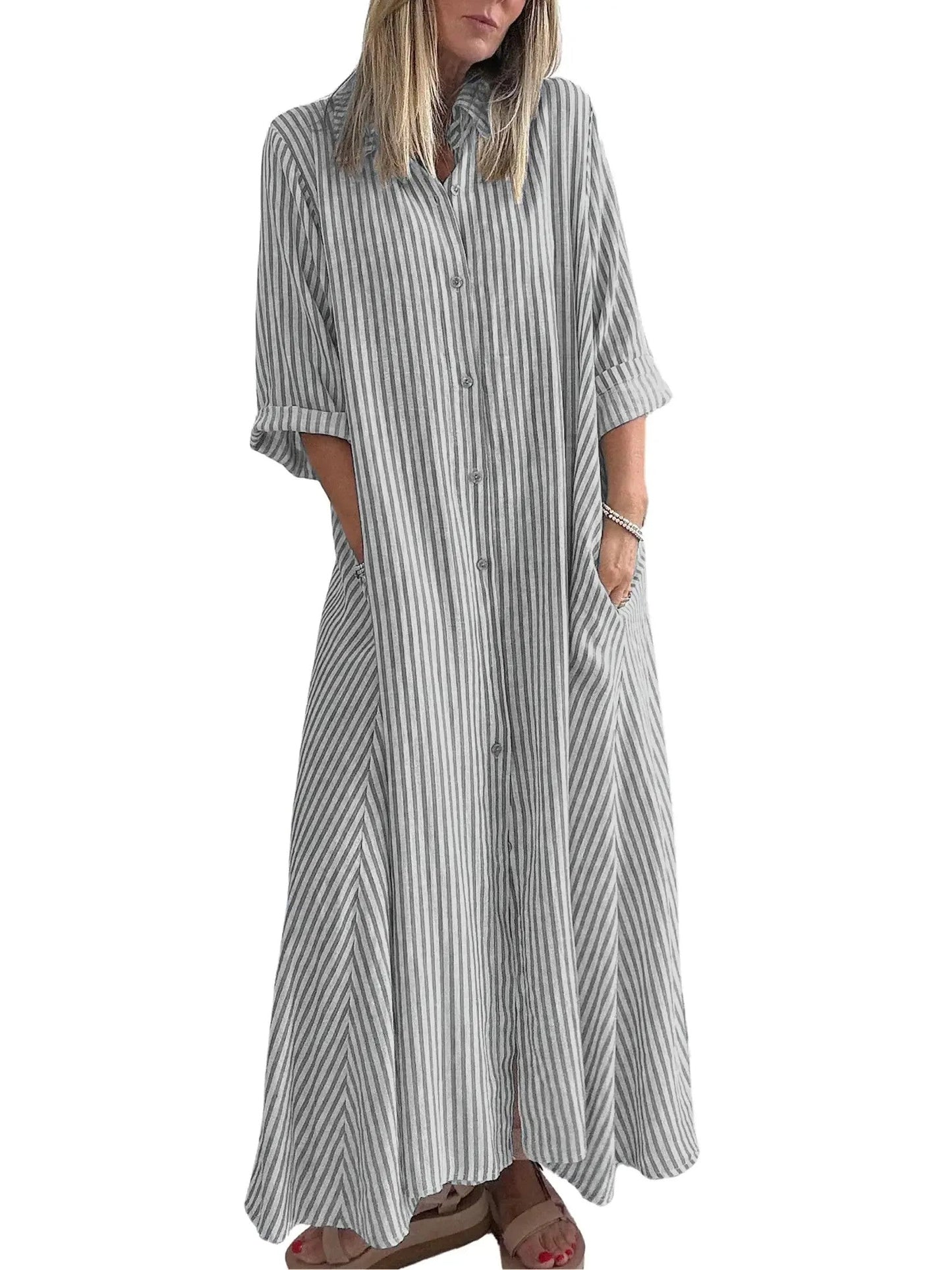 Women  Summer Boho Striped Maxi Shirt Dress 3/4 Sleeve Casual Button Down Long Dress