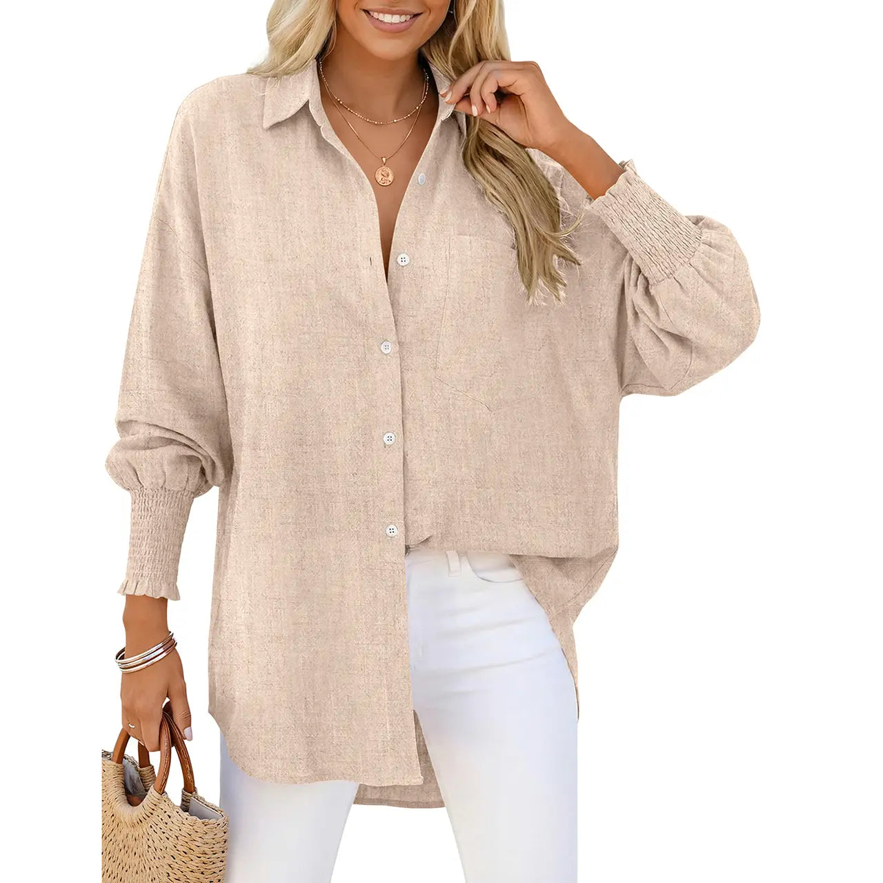 Women Loose Linen Blend Pocket Shirt with Smocked Elastic Cuffs
