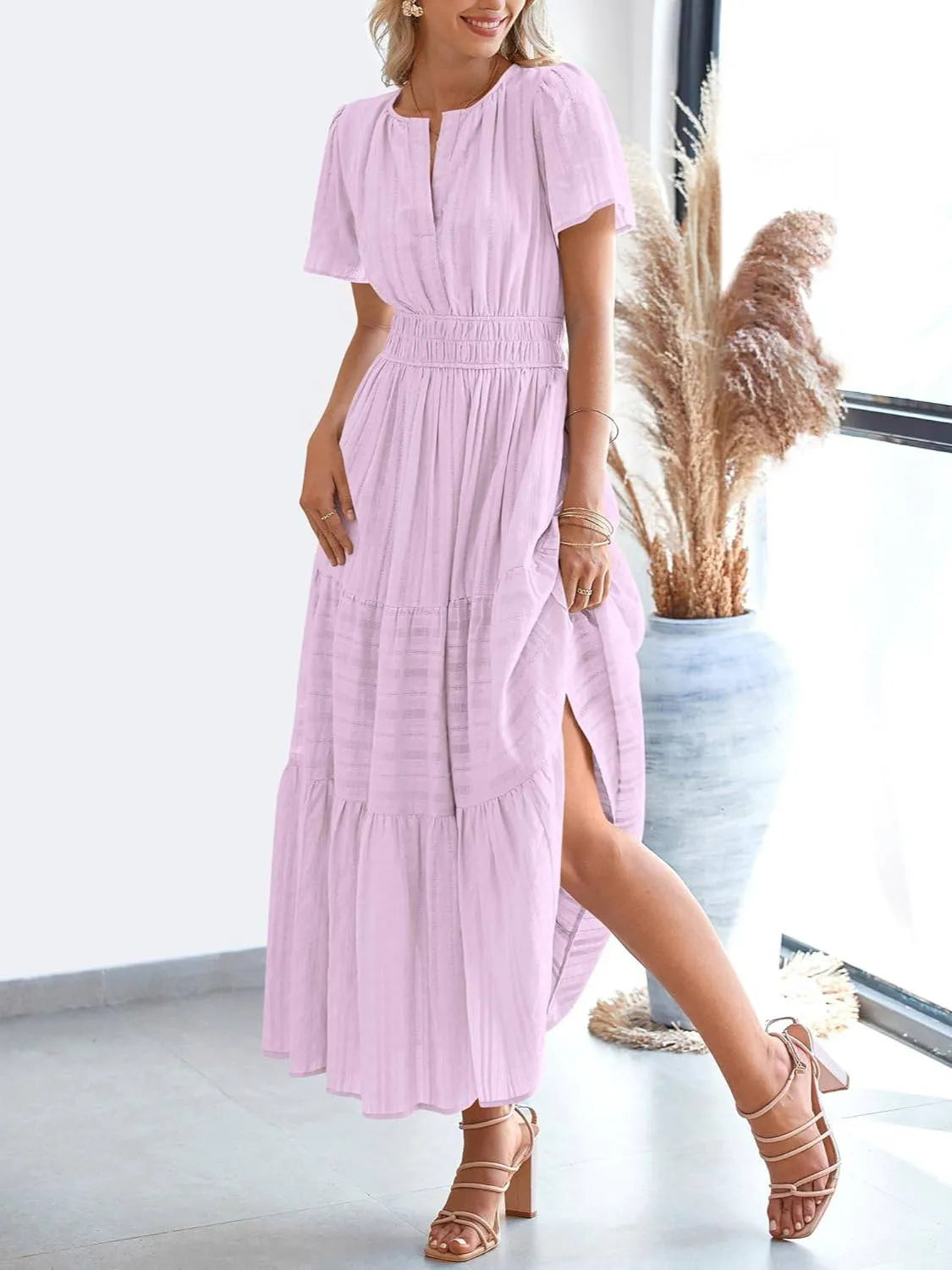 Women's Lightweight Short Sleeve V Neck Elastic Waist Dresses