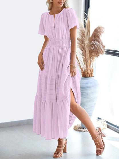 Women's Lightweight Short Sleeve V Neck Elastic Waist Dresses