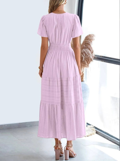 Women's Lightweight Short Sleeve V Neck Elastic Waist Dresses