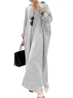 Women's Casual Long Sleeve Button Down Loose Striped Maxi Shirt Dress
