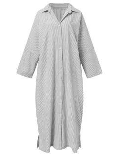 Women's Casual Long Sleeve Button Down Loose Striped Maxi Shirt Dress