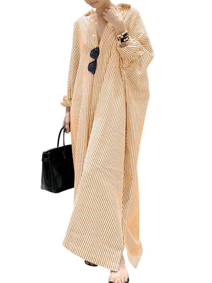 Women's Casual Long Sleeve Button Down Loose Striped Maxi Shirt Dress