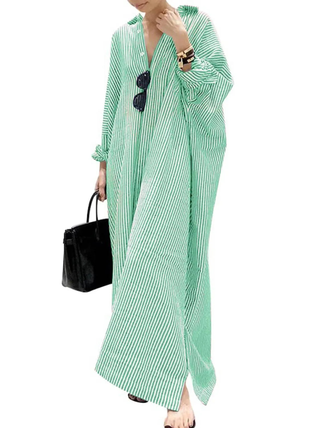 Women's Casual Long Sleeve Button Down Loose Striped Maxi Shirt Dress