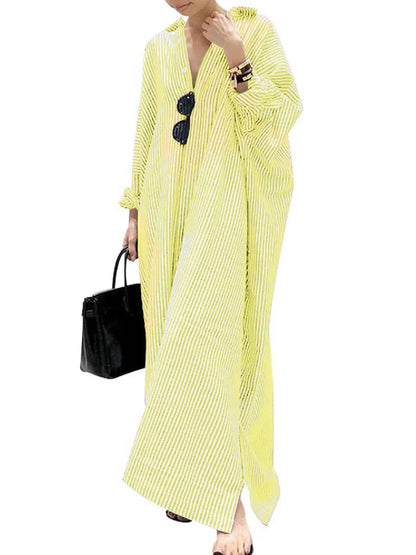 Women's Casual Long Sleeve Button Down Loose Striped Maxi Shirt Dress