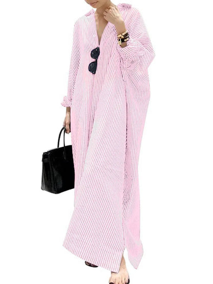 Women's Casual Long Sleeve Button Down Loose Striped Maxi Shirt Dress