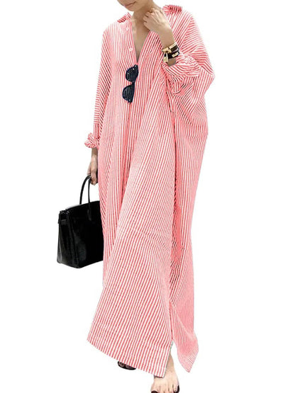 Women's Casual Long Sleeve Button Down Loose Striped Maxi Shirt Dress