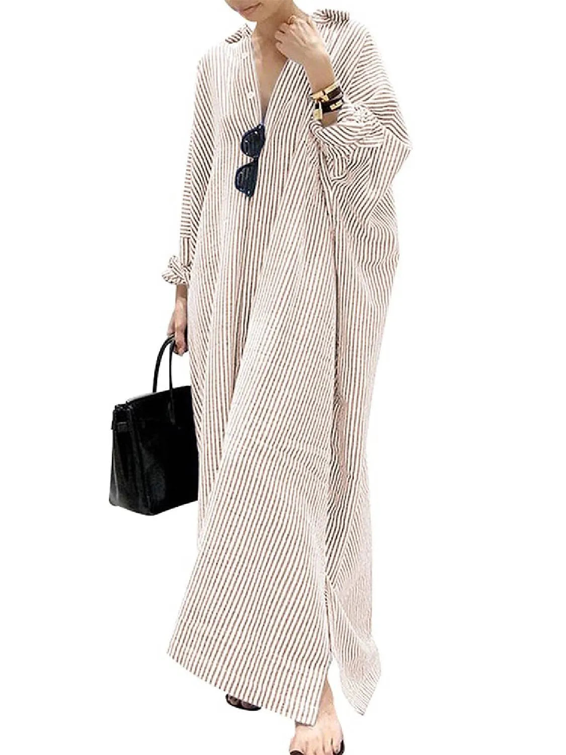 Women's Casual Long Sleeve Button Down Loose Striped Maxi Shirt Dress