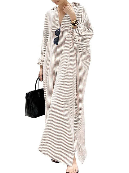 Women's Casual Long Sleeve Button Down Loose Striped Maxi Shirt Dress