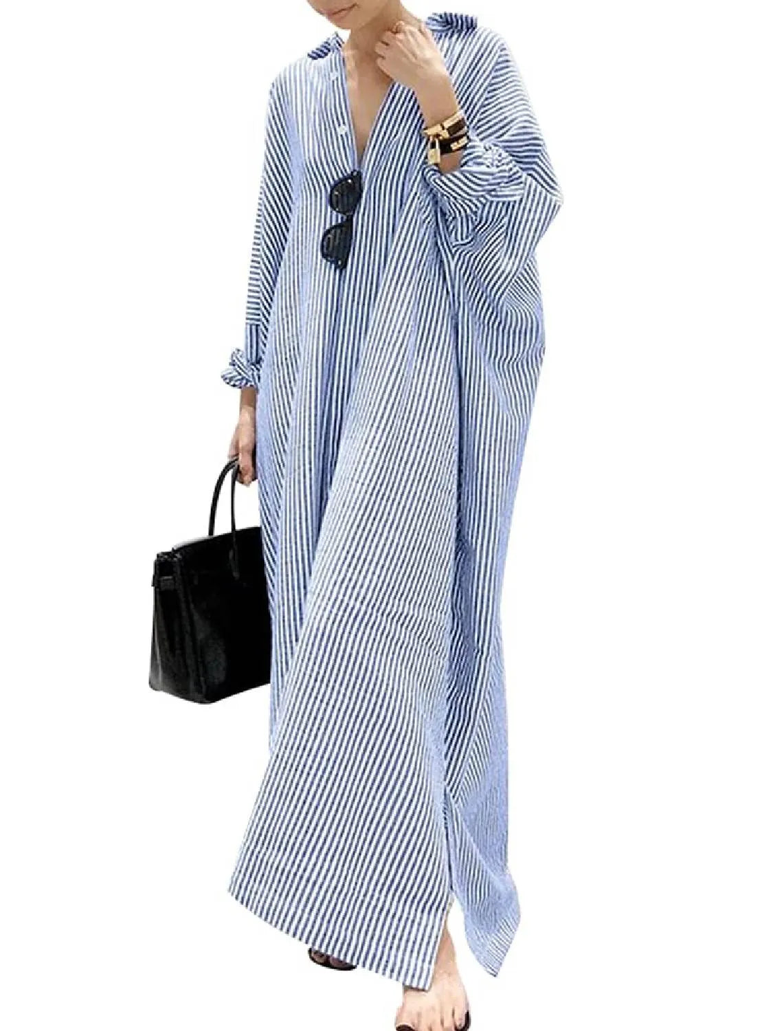Women's Casual Long Sleeve Button Down Loose Striped Maxi Shirt Dress