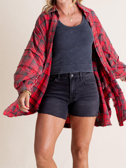 2024 Women's Mineral Washed Button Down Plaid Shirt with Pockets (Buy 2 Free Shipping)