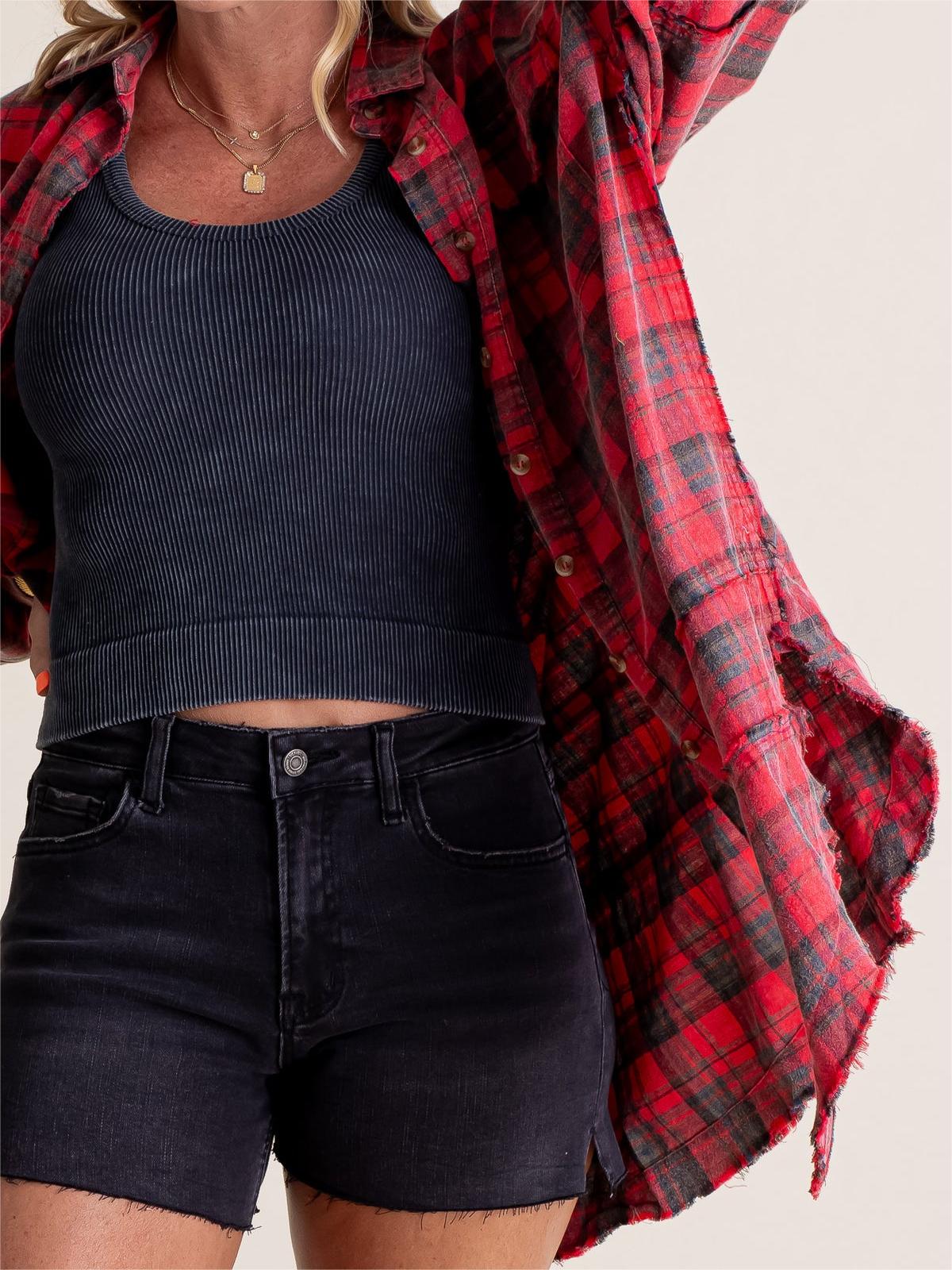 2024 Women's Mineral Washed Button Down Plaid Shirt with Pockets (Buy 2 Free Shipping)
