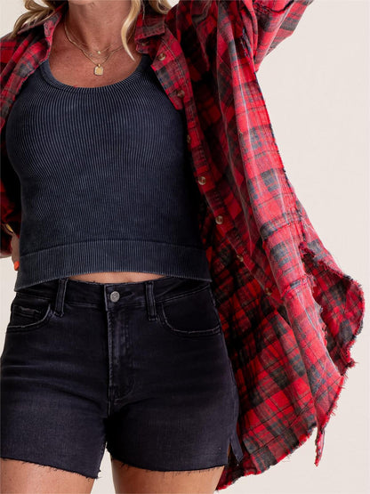2024 Women's Mineral Washed Button Down Plaid Shirt with Pockets (Buy 2 Free Shipping)