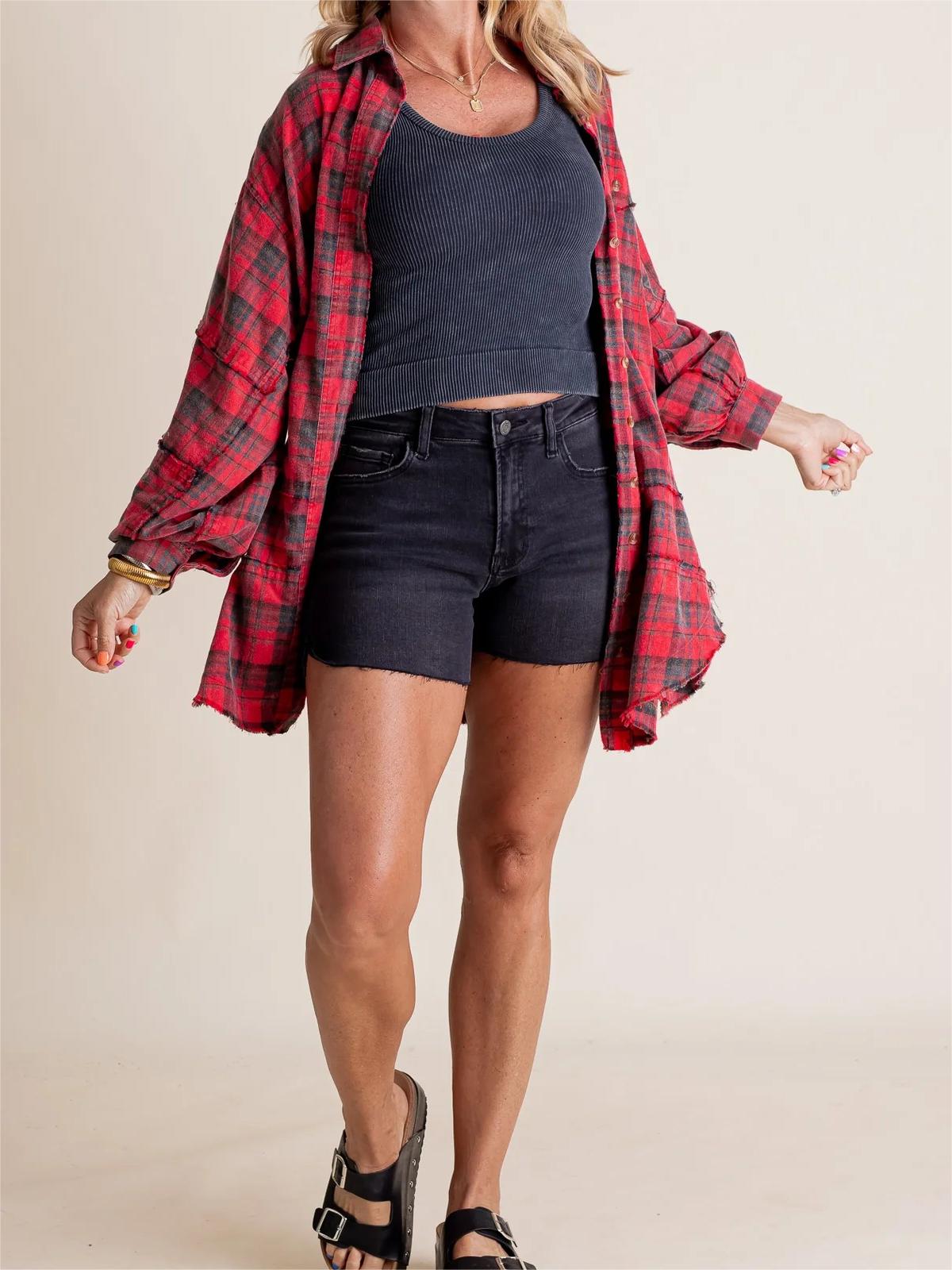 2024 Women's Mineral Washed Button Down Plaid Shirt with Pockets (Buy 2 Free Shipping)