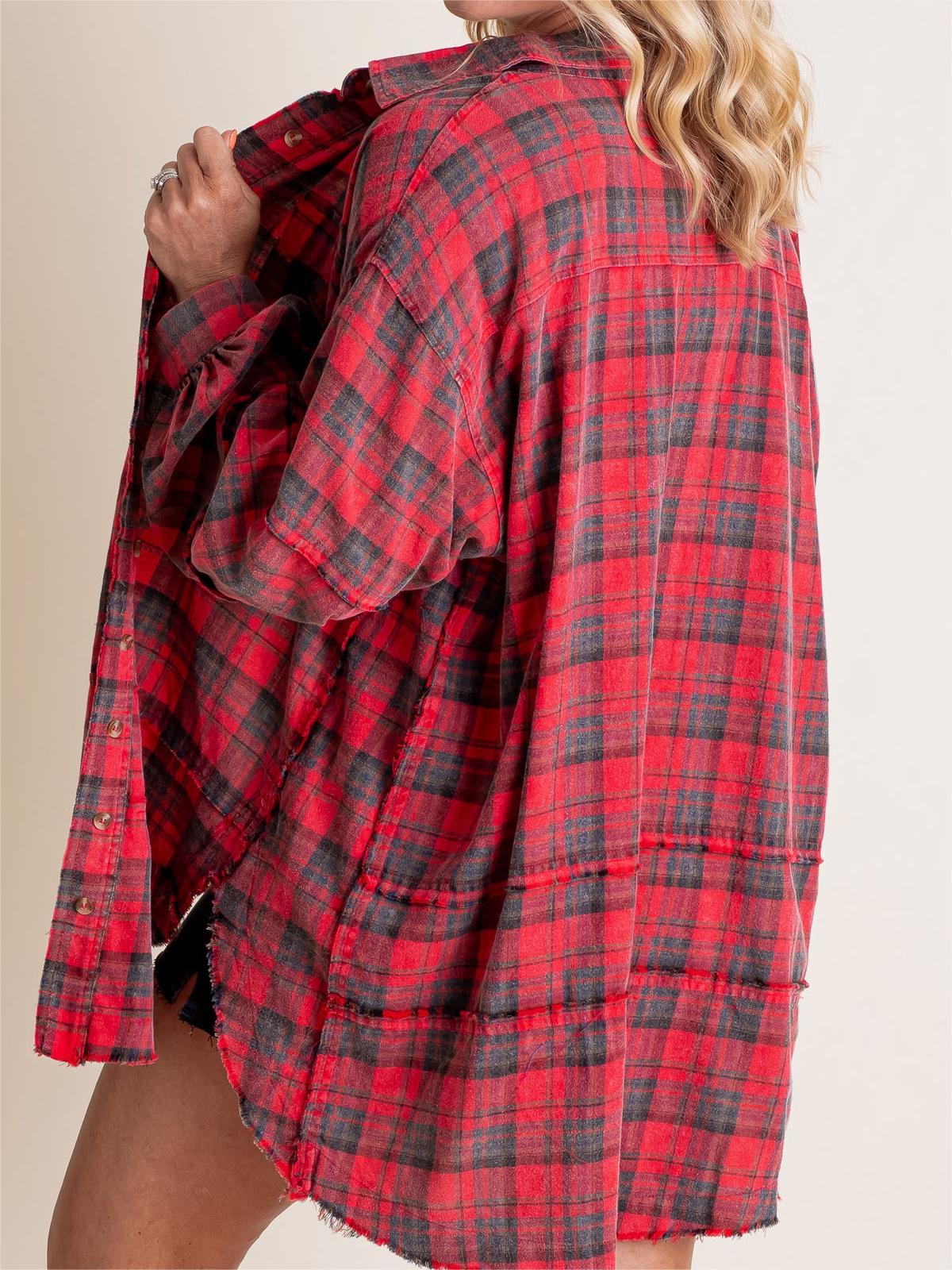 2024 Women's Mineral Washed Button Down Plaid Shirt with Pockets (Buy 2 Free Shipping)