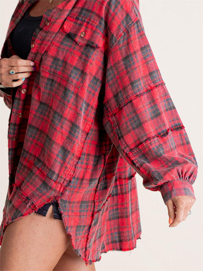 2024 Women's Mineral Washed Button Down Plaid Shirt with Pockets (Buy 2 Free Shipping)