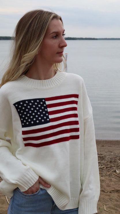 Patriotic Flag Sweater Simple White Loose Top💞