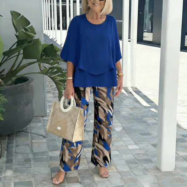 Women's Solid Chiffon Top & Printed Pants Set