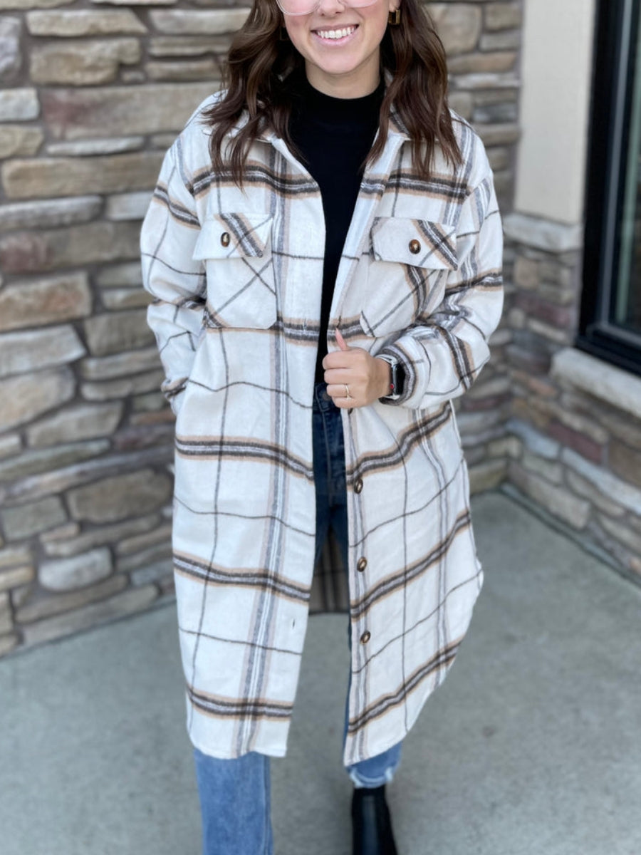 Women's Long Plaid Flannel Shirt Jacket