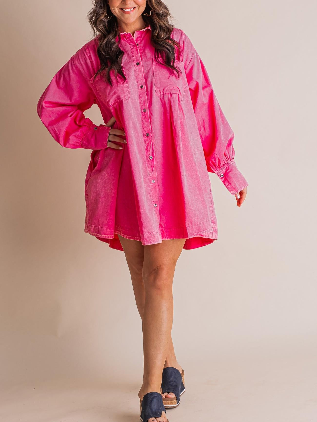 💝Women's Solid Button Pleated Shirt Dress