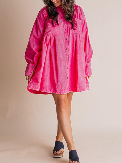 💝Women's Solid Button Pleated Shirt Dress