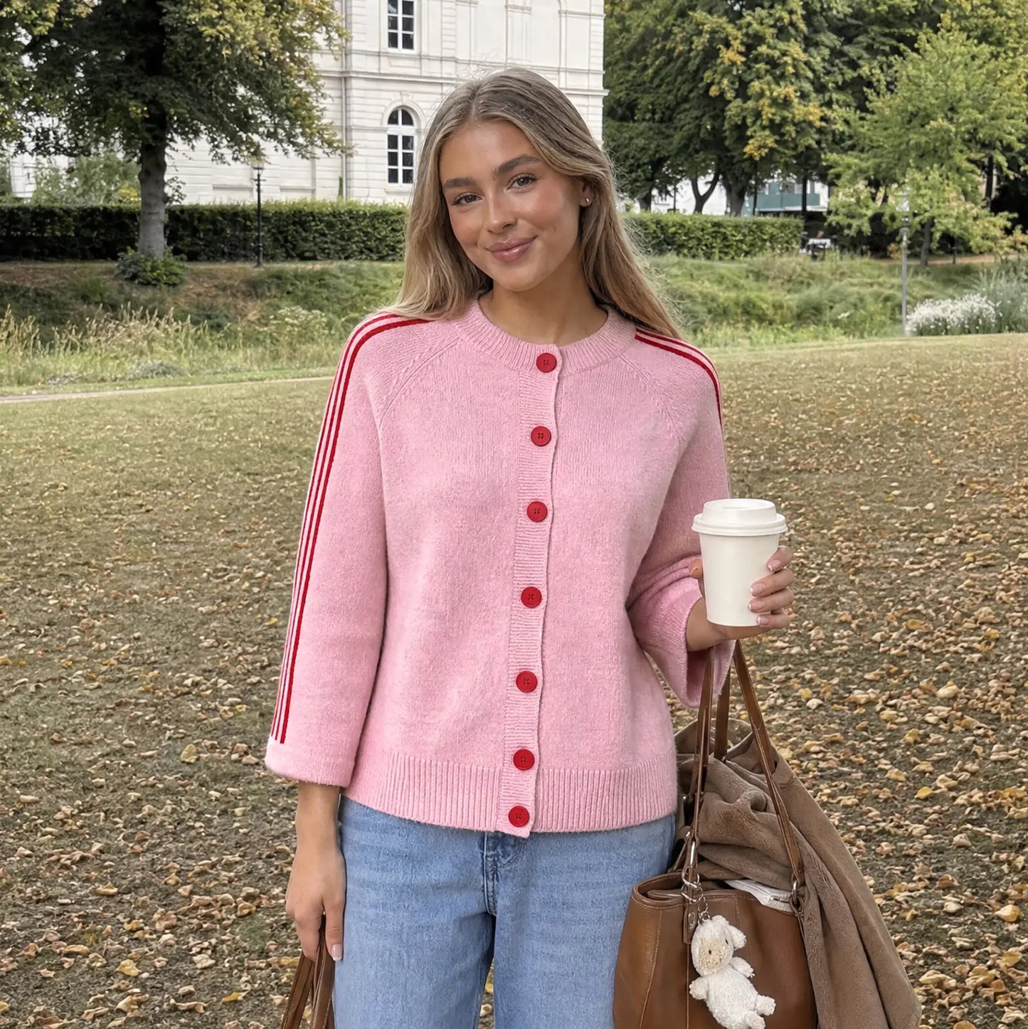 Women Striped 3/4 Sleeve  Crew Neck Button Down Knit Cardigan