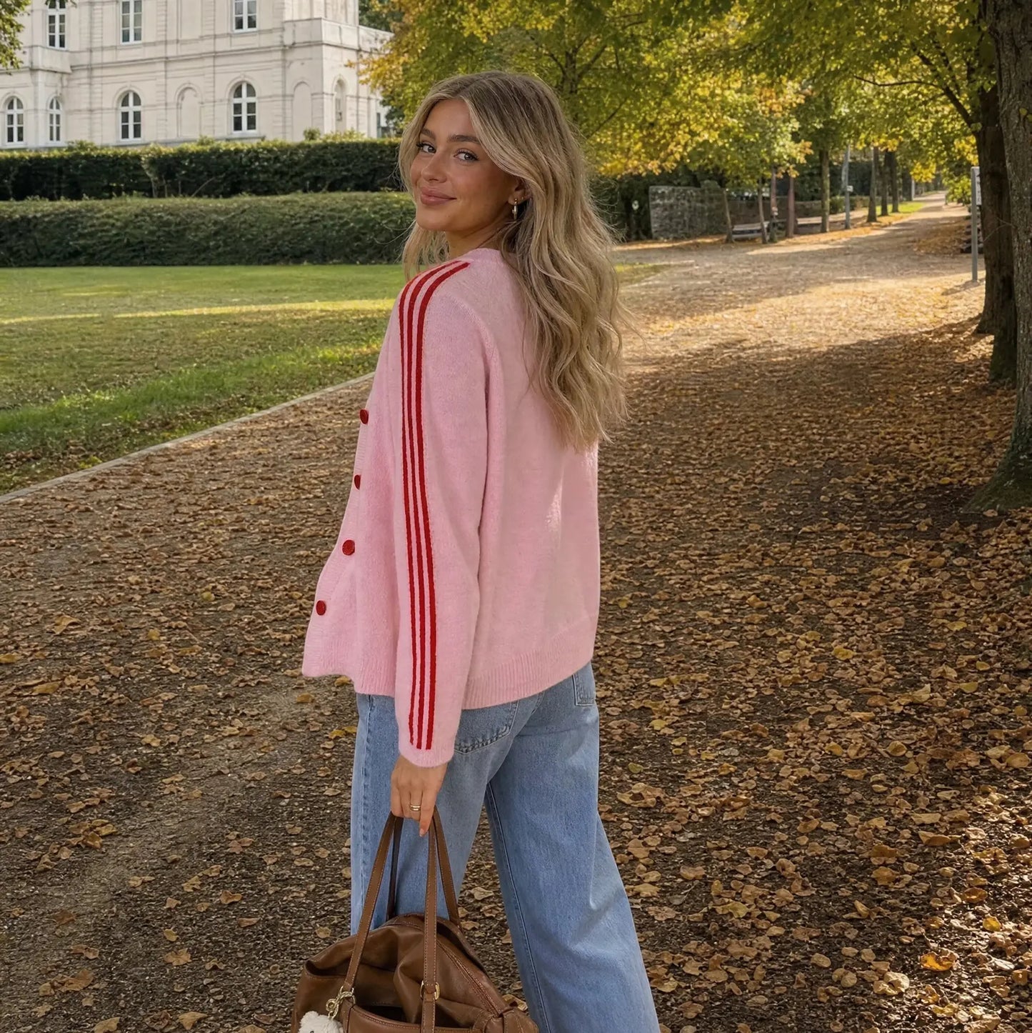 Women Striped 3/4 Sleeve  Crew Neck Button Down Knit Cardigan