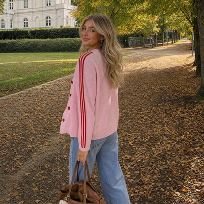 Women Striped 3/4 Sleeve  Crew Neck Button Down Knit Cardigan