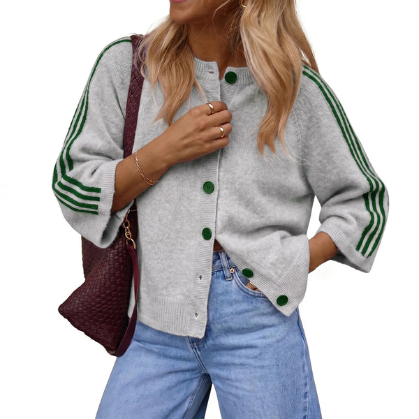 Women Striped 3/4 Sleeve  Crew Neck Button Down Knit Cardigan