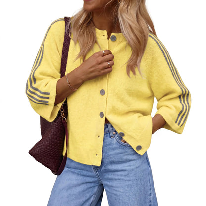Women Striped 3/4 Sleeve  Crew Neck Button Down Knit Cardigan