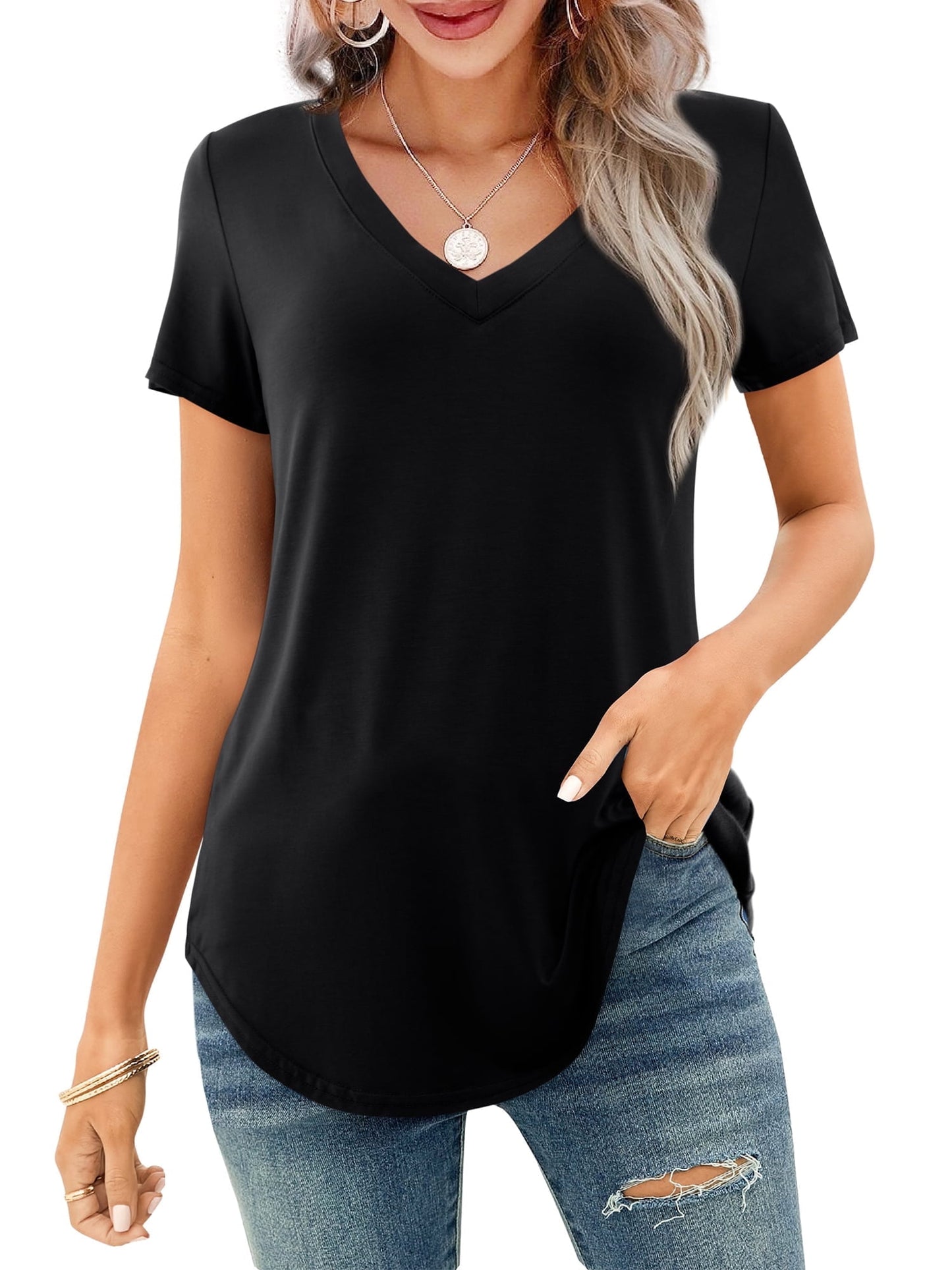 ✨Women's V-neck Short Sleeve Curved Hem Tee Top