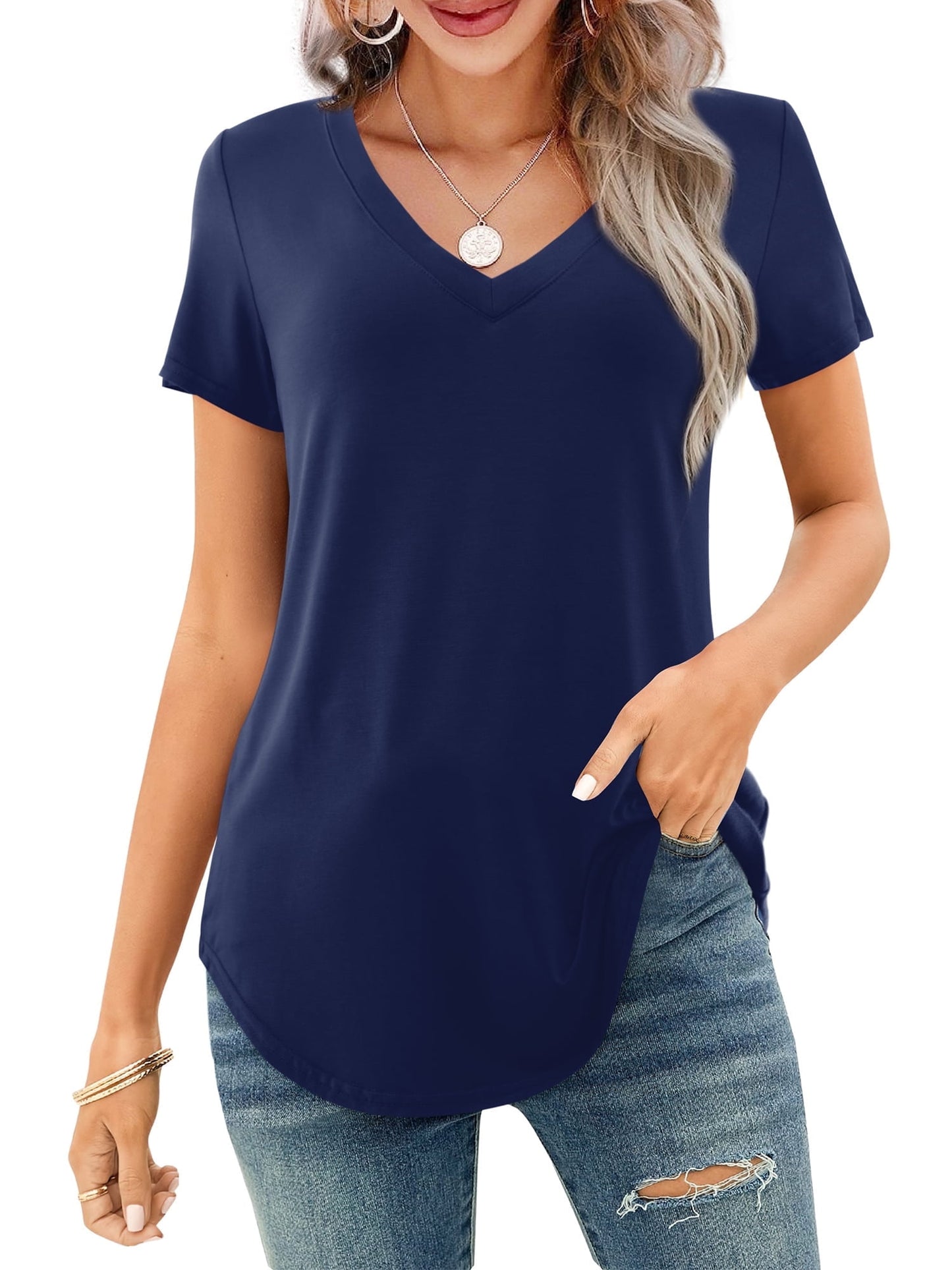 ✨Women's V-neck Short Sleeve Curved Hem Tee Top