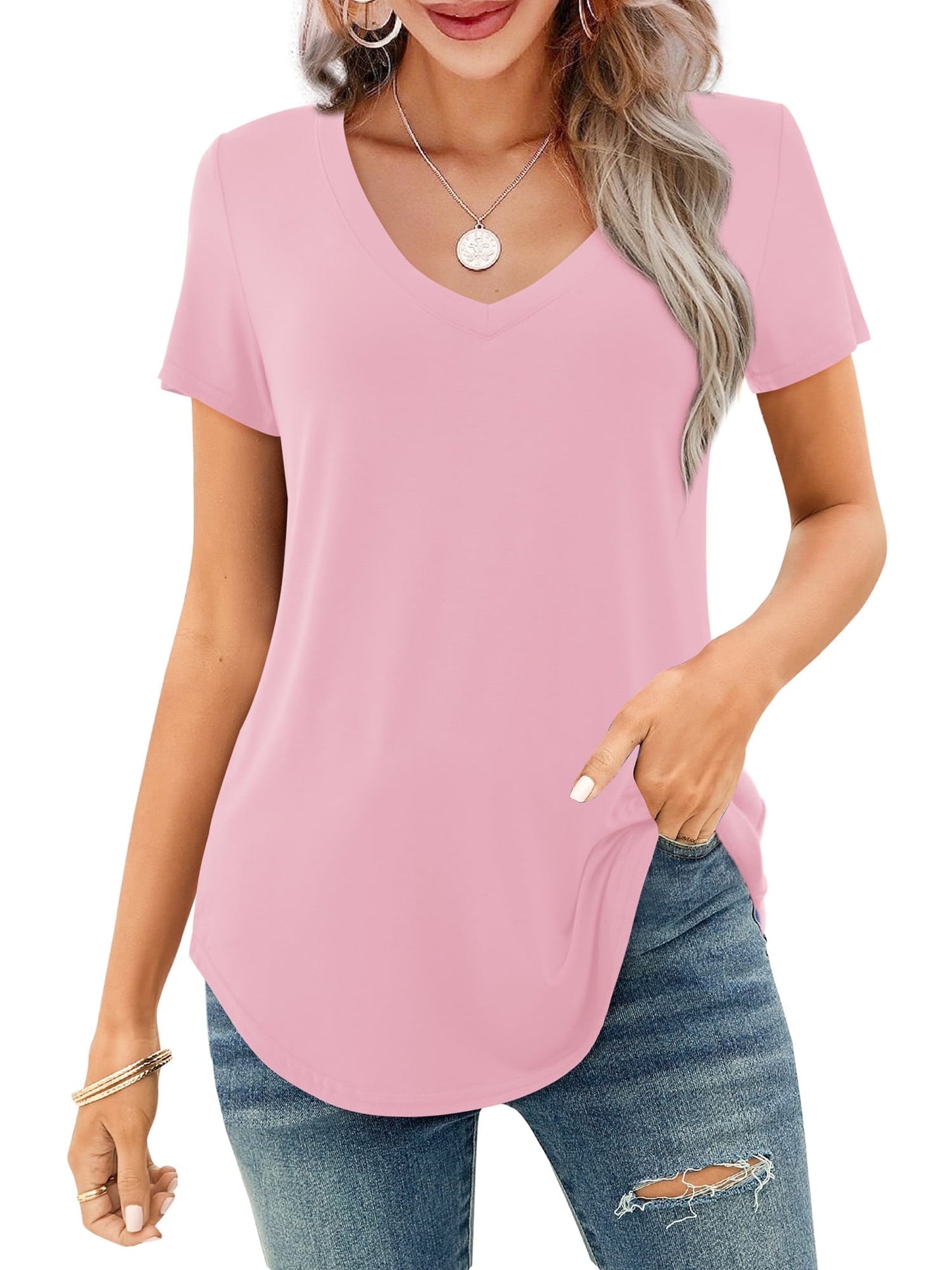 ✨Women's V-neck Short Sleeve Curved Hem Tee Top