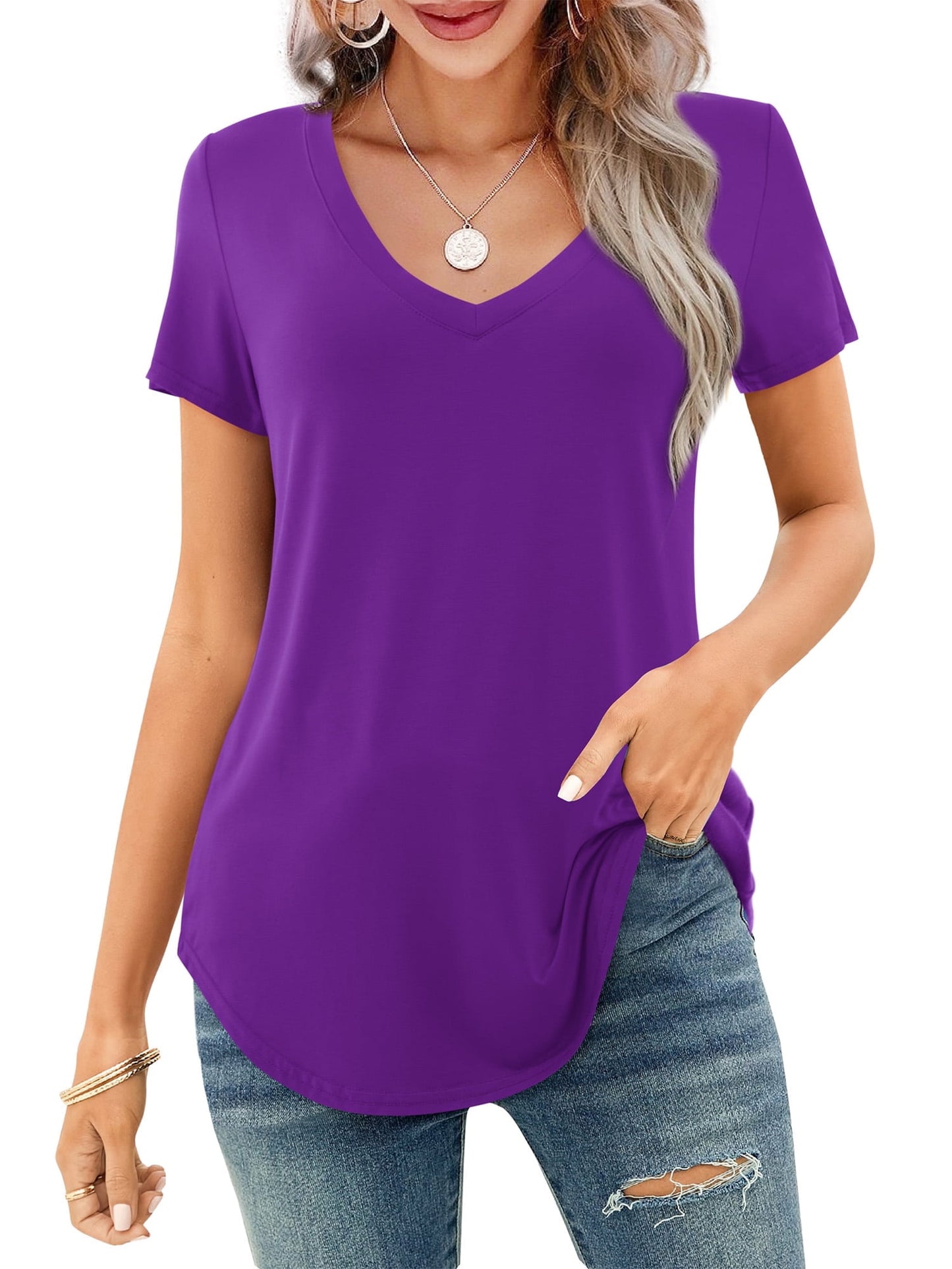 ✨Women's V-neck Short Sleeve Curved Hem Tee Top