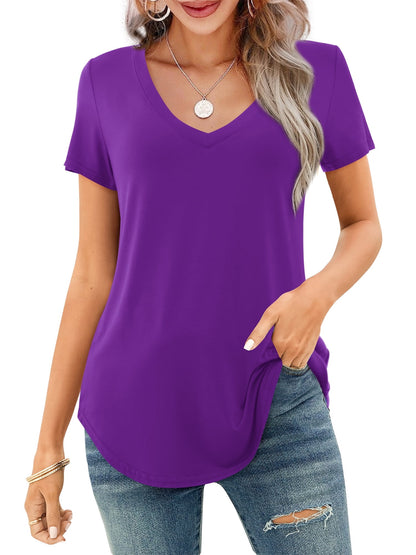 ✨Women's V-neck Short Sleeve Curved Hem Tee Top