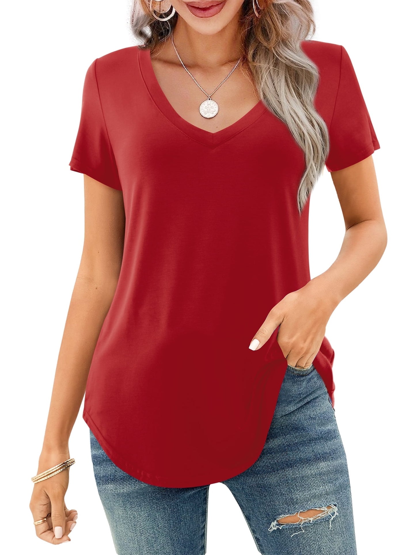 ✨Women's V-neck Short Sleeve Curved Hem Tee Top